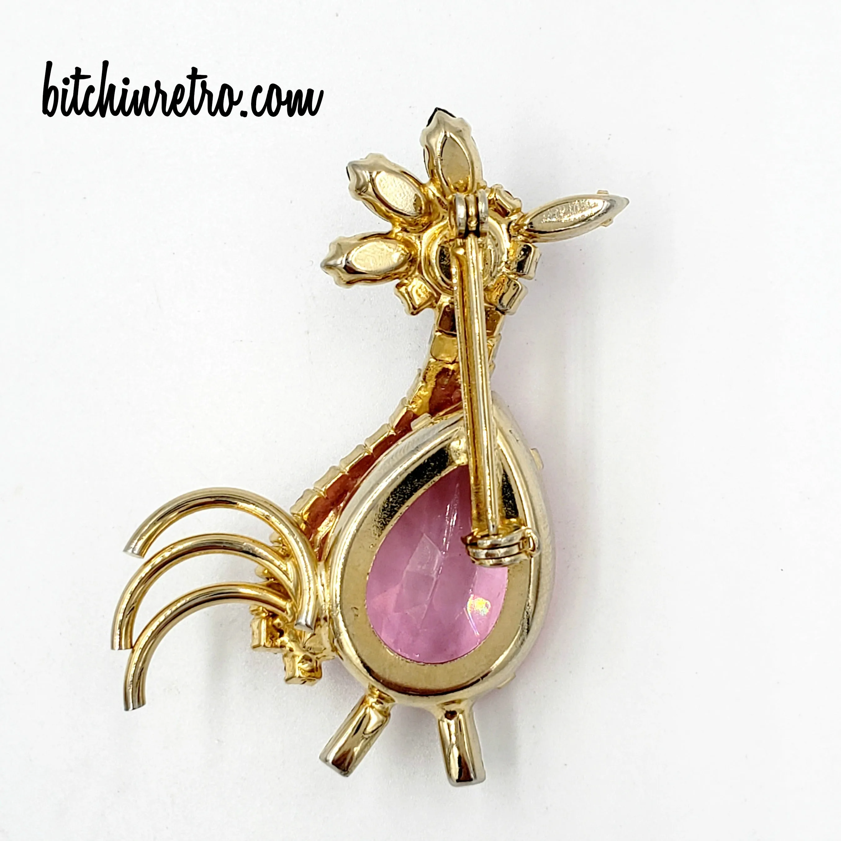 Pink Rhinestone Vintage Rooster Brooch