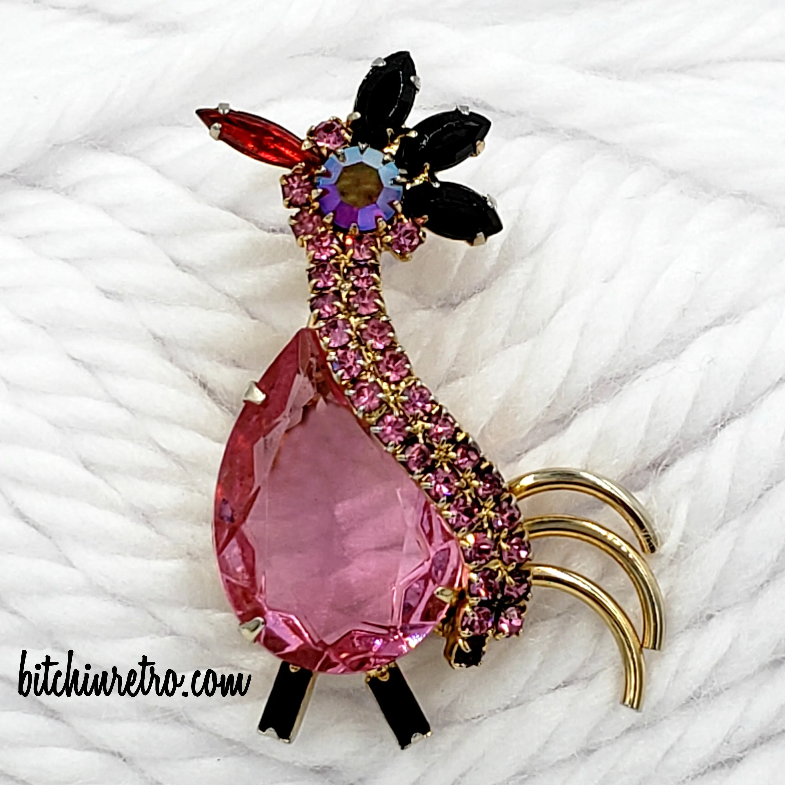 Pink Rhinestone Vintage Rooster Brooch