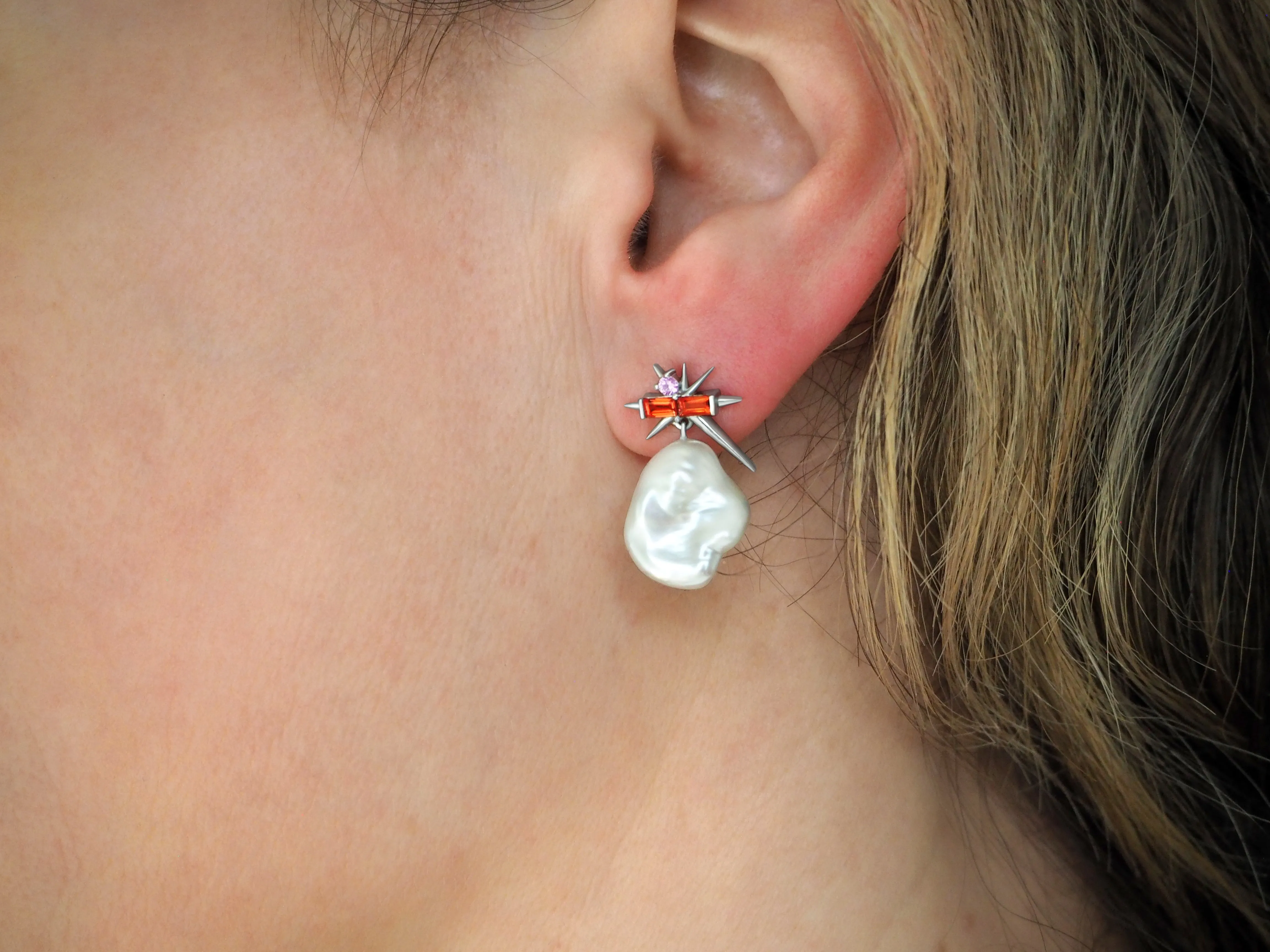 Pink Sapphire & Baroque Pearl Drop Earrings - Spike Earrings