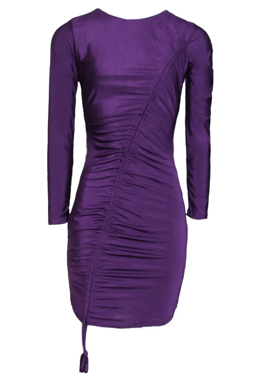Plum Long Sleeved Ruched Dress