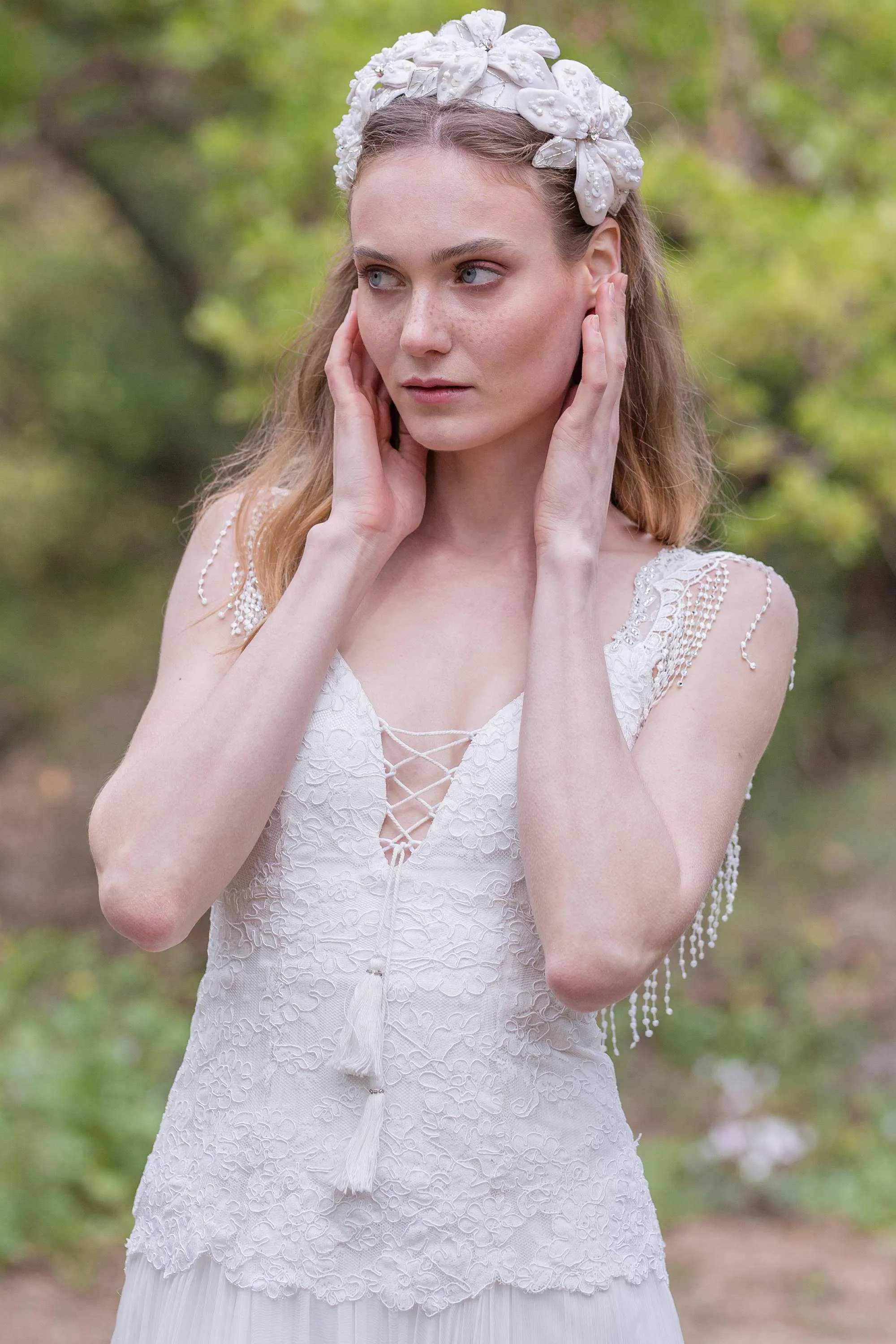 Plunged A-Line Pleated Wedding Dress With Appliques And Beading-715066