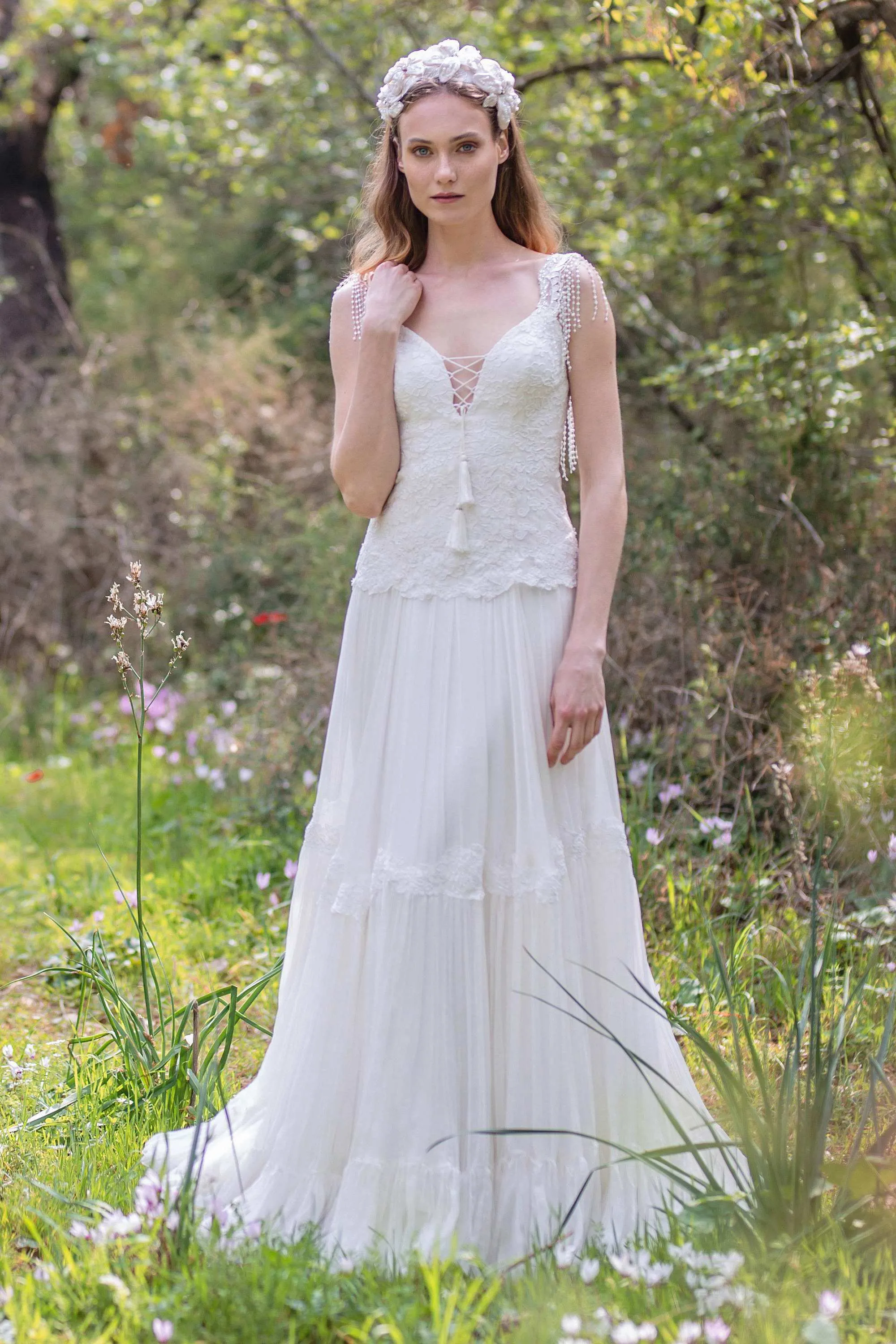 Plunged A-Line Pleated Wedding Dress With Appliques And Beading-715066