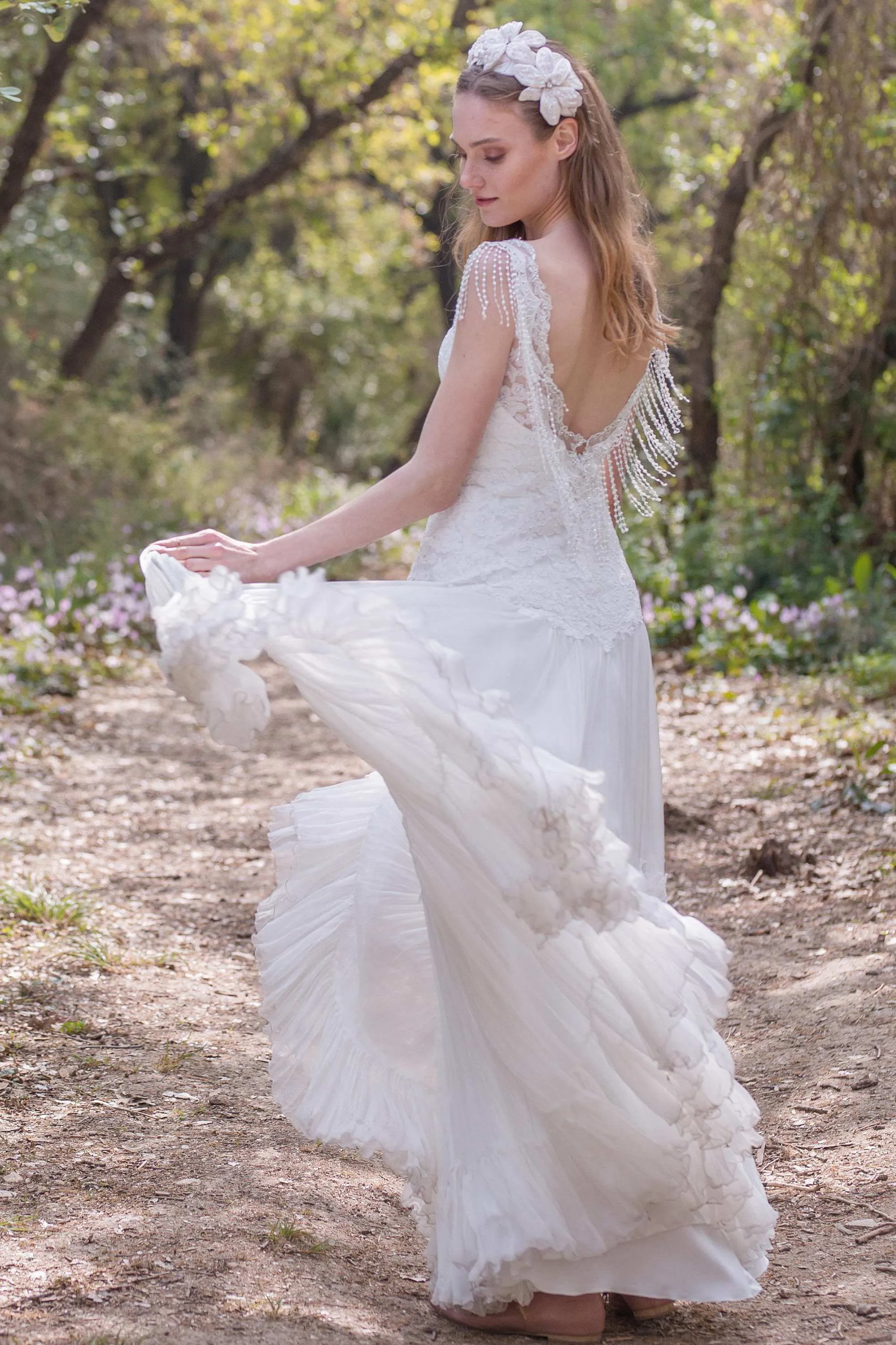 Plunged A-Line Pleated Wedding Dress With Appliques And Beading-715066