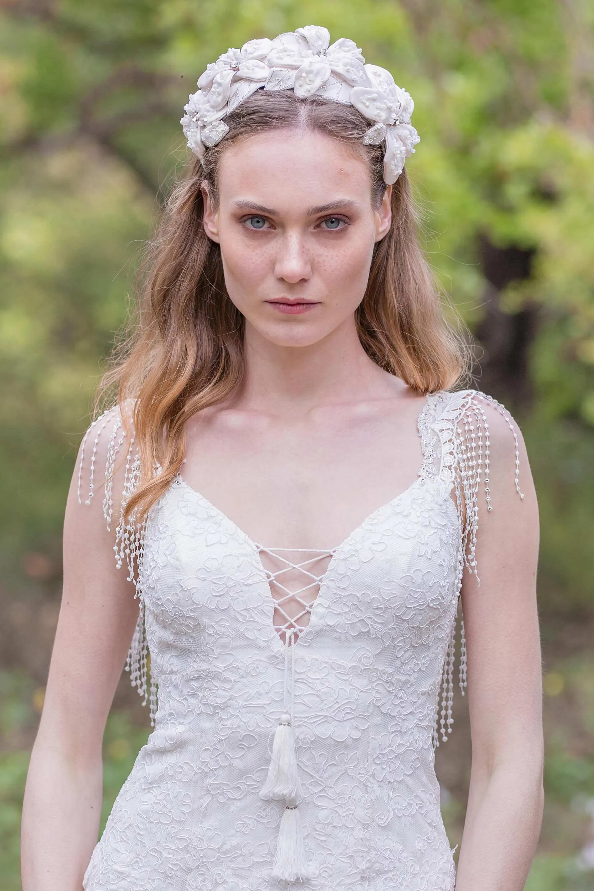 Plunged A-Line Pleated Wedding Dress With Appliques And Beading-715066