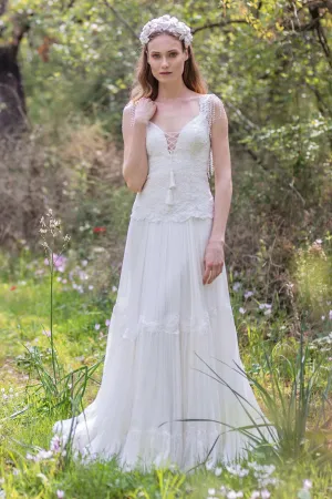 Plunged A-Line Pleated Wedding Dress With Appliques And Beading-715066