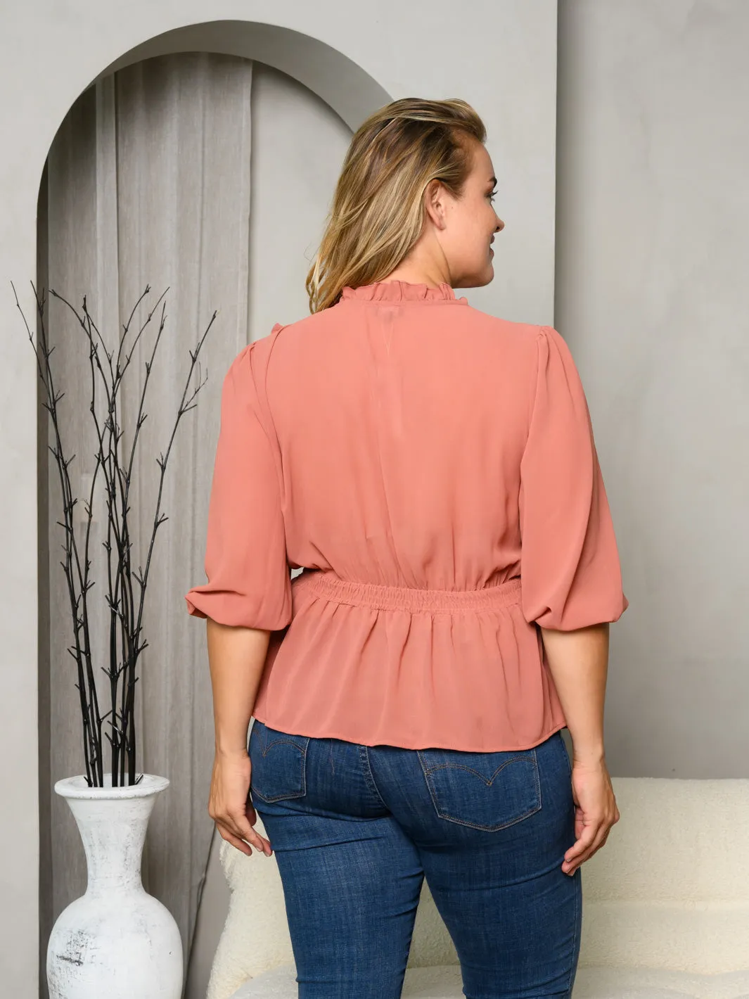 PLUS SIZE 3/4 SLEEVES SWISS DOT RUFFLE SURPLICE PEPLUM TOP