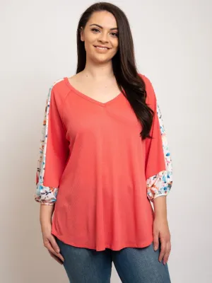 PLUS SIZE FLORAL PRINT 3/4 SLEEVES  TOP