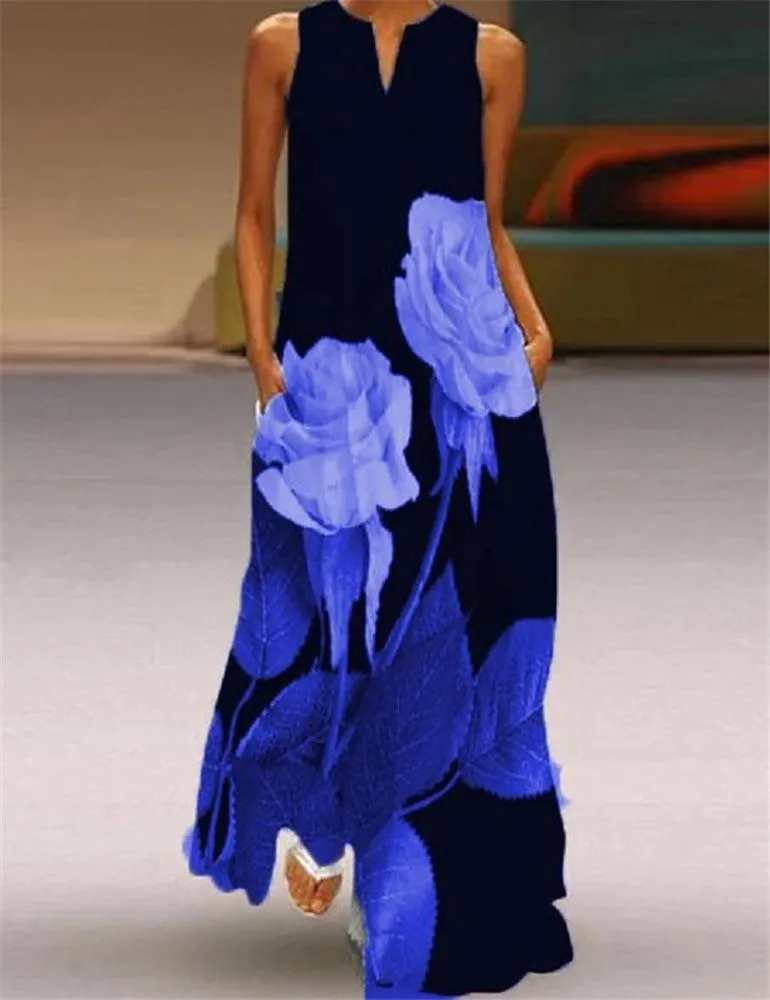 Plus Size V Neck Floral Long Dresses