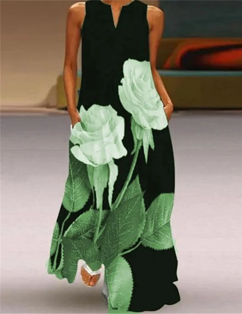 Plus Size V Neck Floral Long Dresses