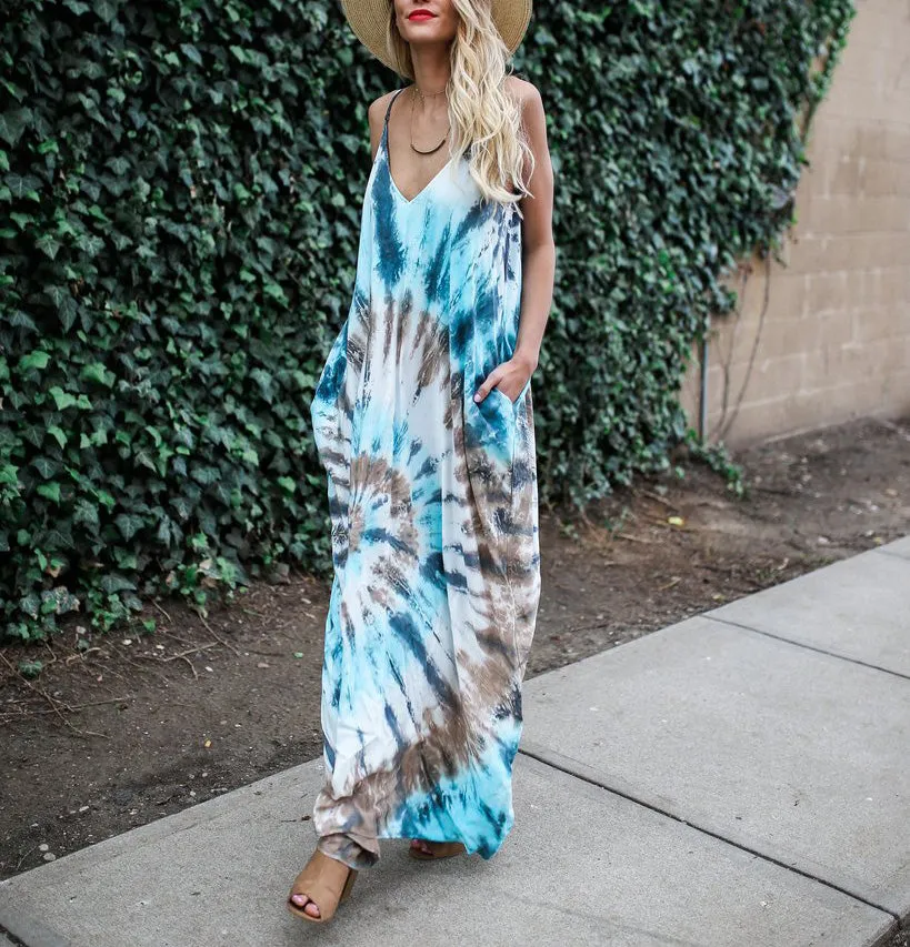 Pocket Printed Sling Dress Maxi Dress