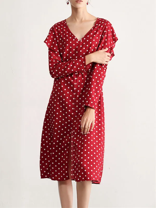 Polka-dot V-neck Long-sleeved Ruffled Split Elastic Waist Slim Dress
