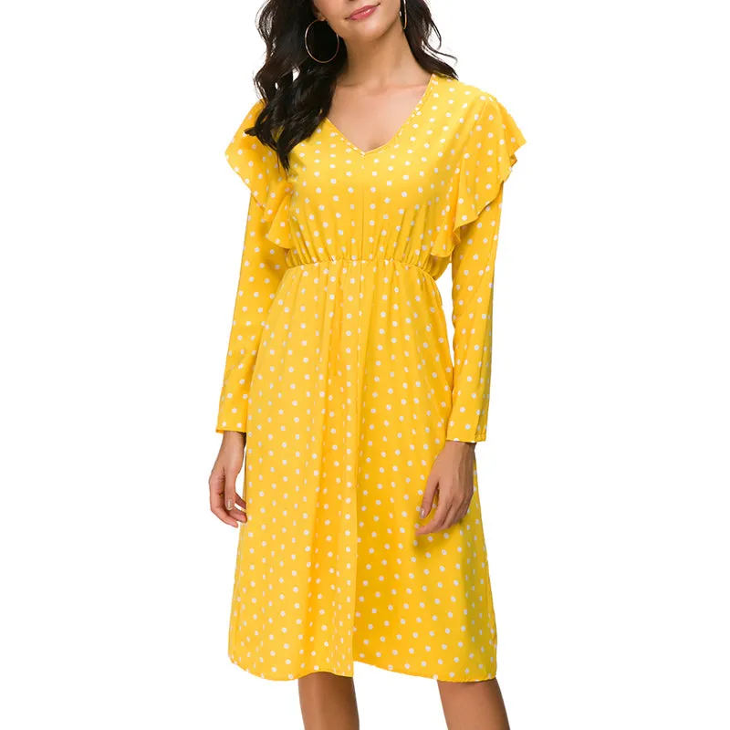 Polka-dot V-neck Long-sleeved Ruffled Split Elastic Waist Slim Dress