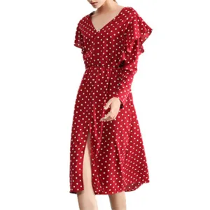 Polka-dot V-neck Long-sleeved Ruffled Split Elastic Waist Slim Dress