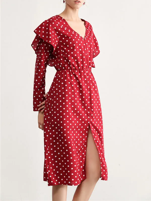Polka-dot V-neck Long-sleeved Ruffled Split Elastic Waist Slim Dress
