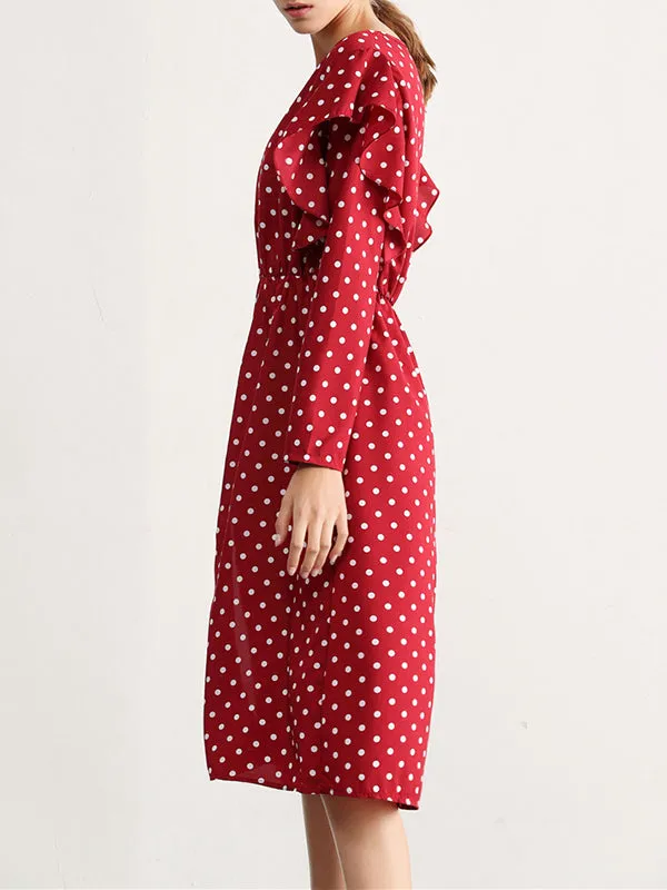 Polka-dot V-neck Long-sleeved Ruffled Split Elastic Waist Slim Dress