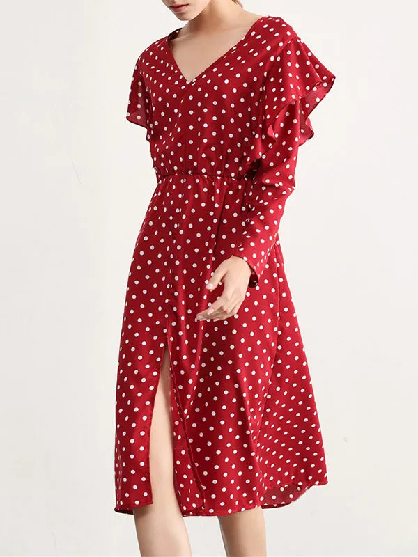 Polka-dot V-neck Long-sleeved Ruffled Split Elastic Waist Slim Dress