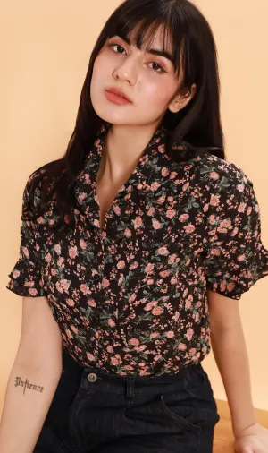 PORTIA Floral Collar Shirt (Black/Peach)