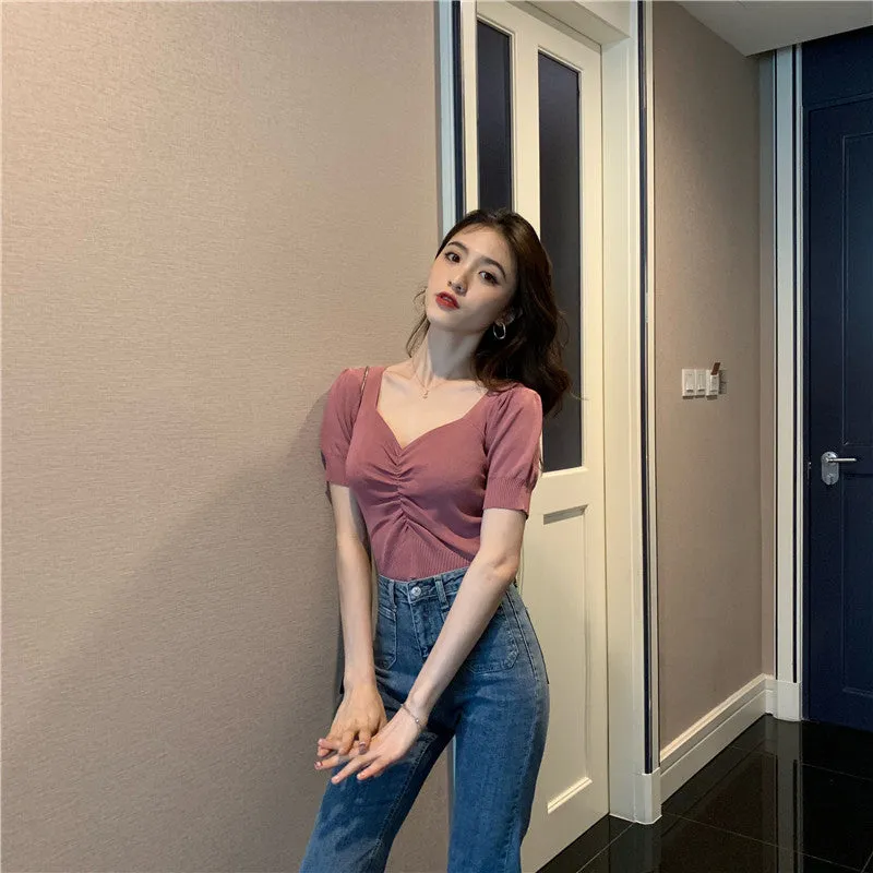 Puff Sleeve Square Collar Knitted Crop Tops