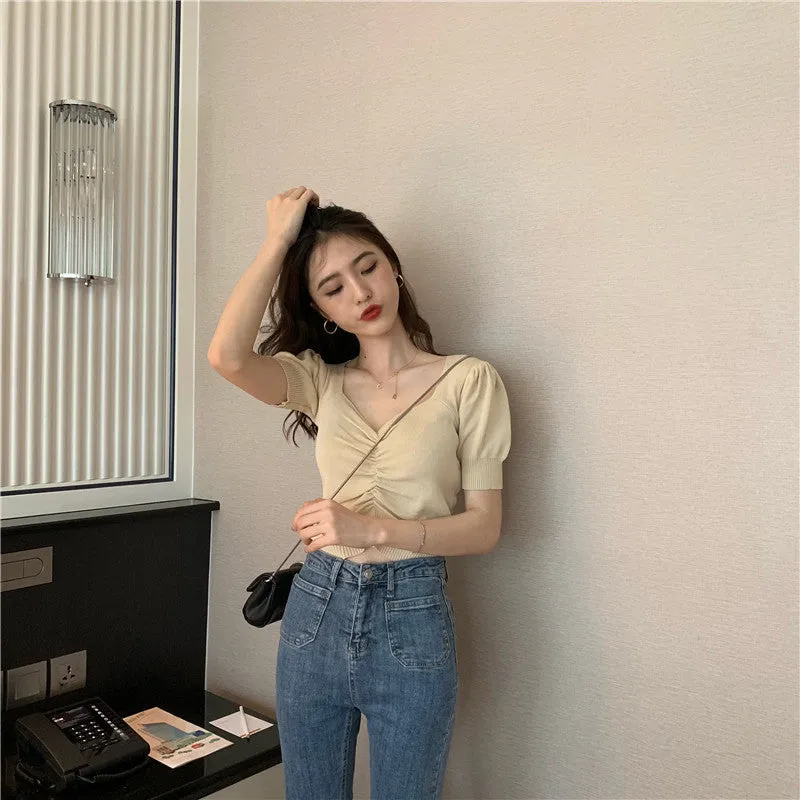 Puff Sleeve Square Collar Knitted Crop Tops