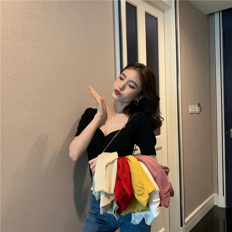 Puff Sleeve Square Collar Knitted Crop Tops