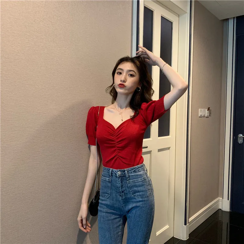 Puff Sleeve Square Collar Knitted Crop Tops