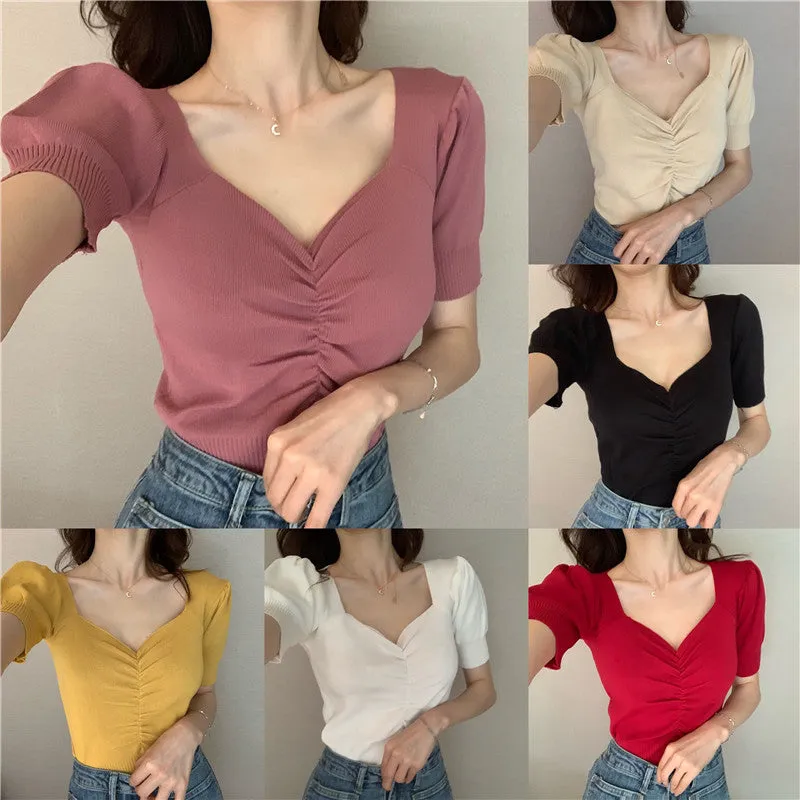 Puff Sleeve Square Collar Knitted Crop Tops