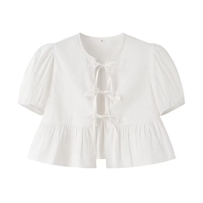 Puffy Short Sleeve Tied Front Open Blouse