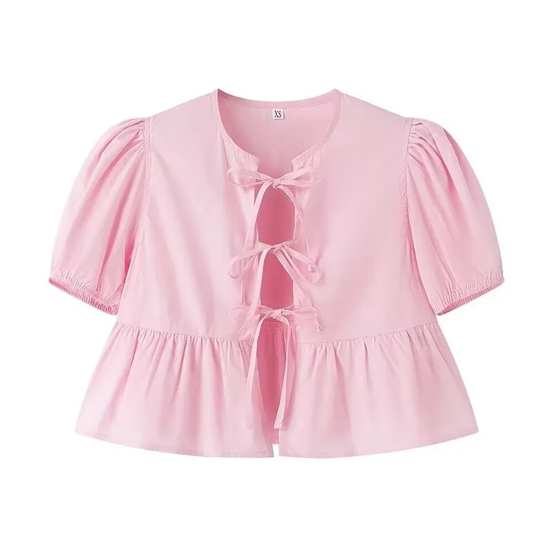 Puffy Short Sleeve Tied Front Open Blouse