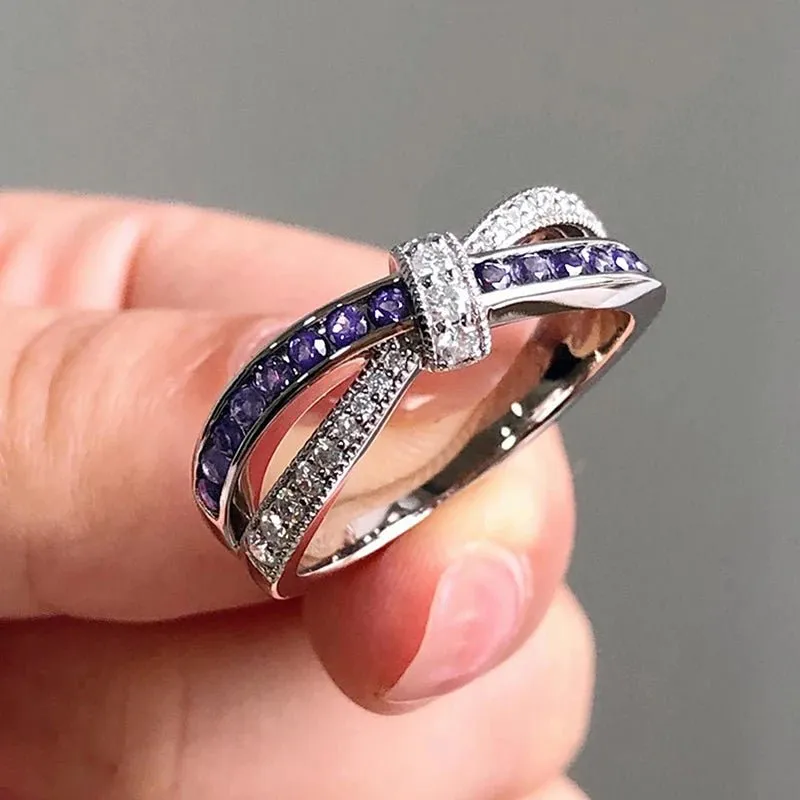 Purple Amethyst Cross Ring White Zircon Women Wedding Luxury Jewelry