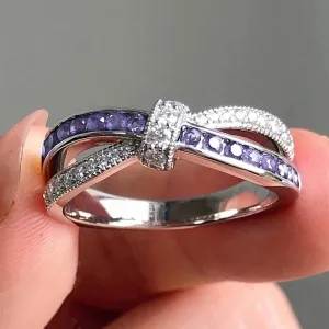 Purple Amethyst Cross Ring White Zircon Women Wedding Luxury Jewelry