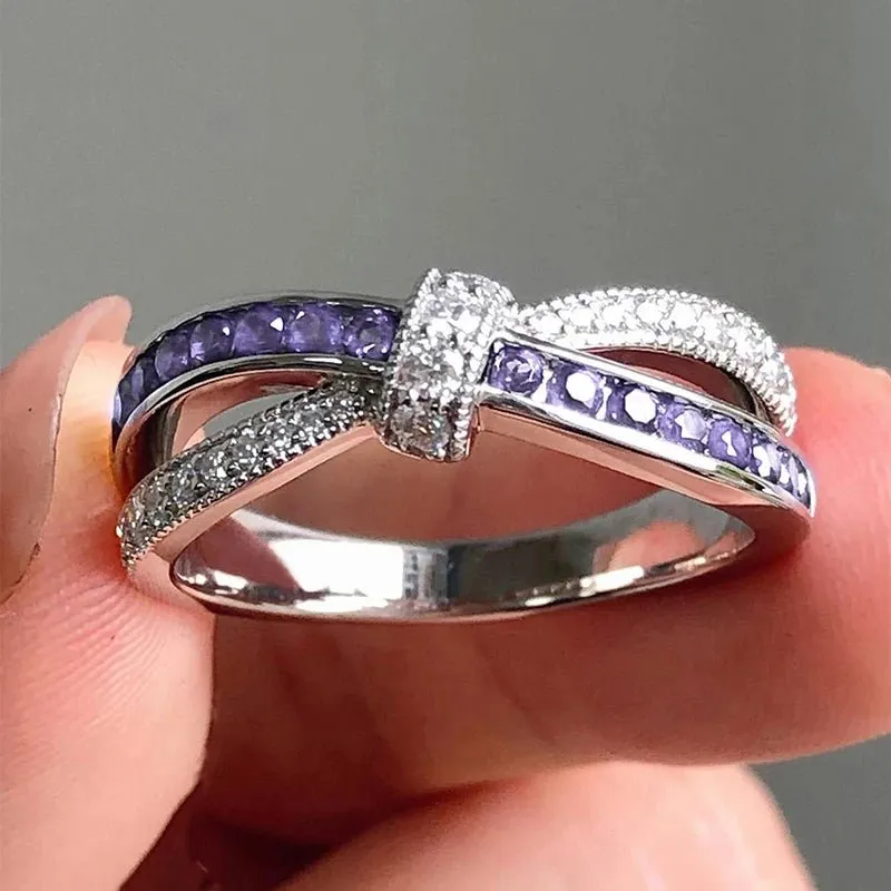 Purple Amethyst Cross Ring White Zircon Women Wedding Luxury Jewelry