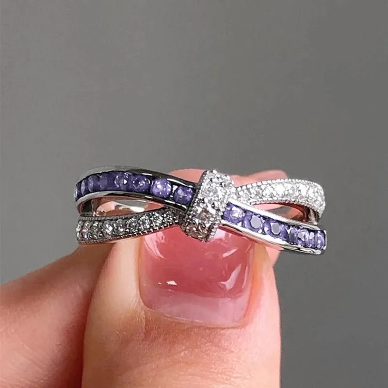 Purple Amethyst Cross Ring White Zircon Women Wedding Luxury Jewelry