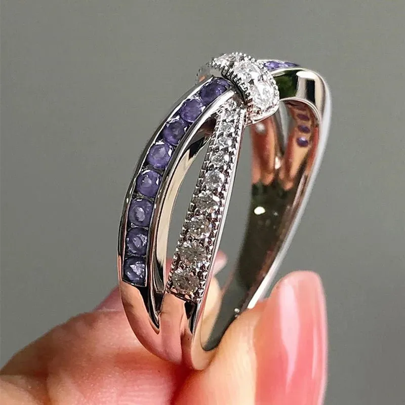 Purple Amethyst Cross Ring White Zircon Women Wedding Luxury Jewelry