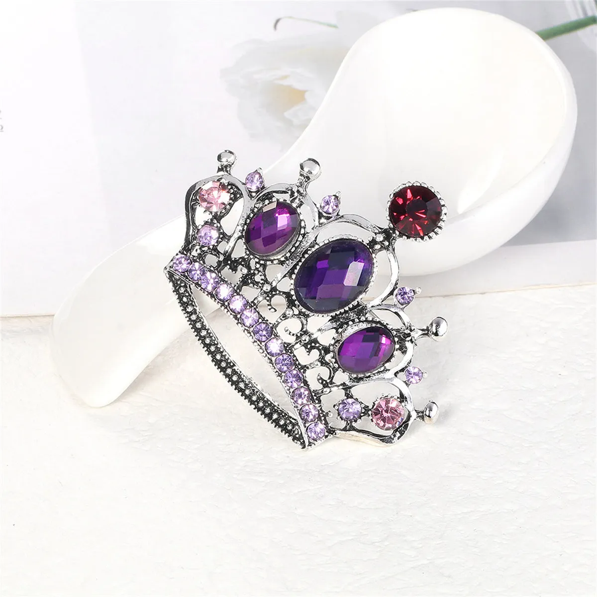Purple Crystal & Cubic Zirconia Silver-Plated Crown Brooch