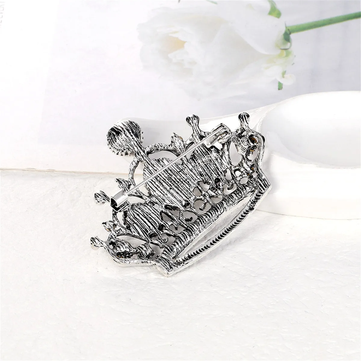 Purple Crystal & Cubic Zirconia Silver-Plated Crown Brooch