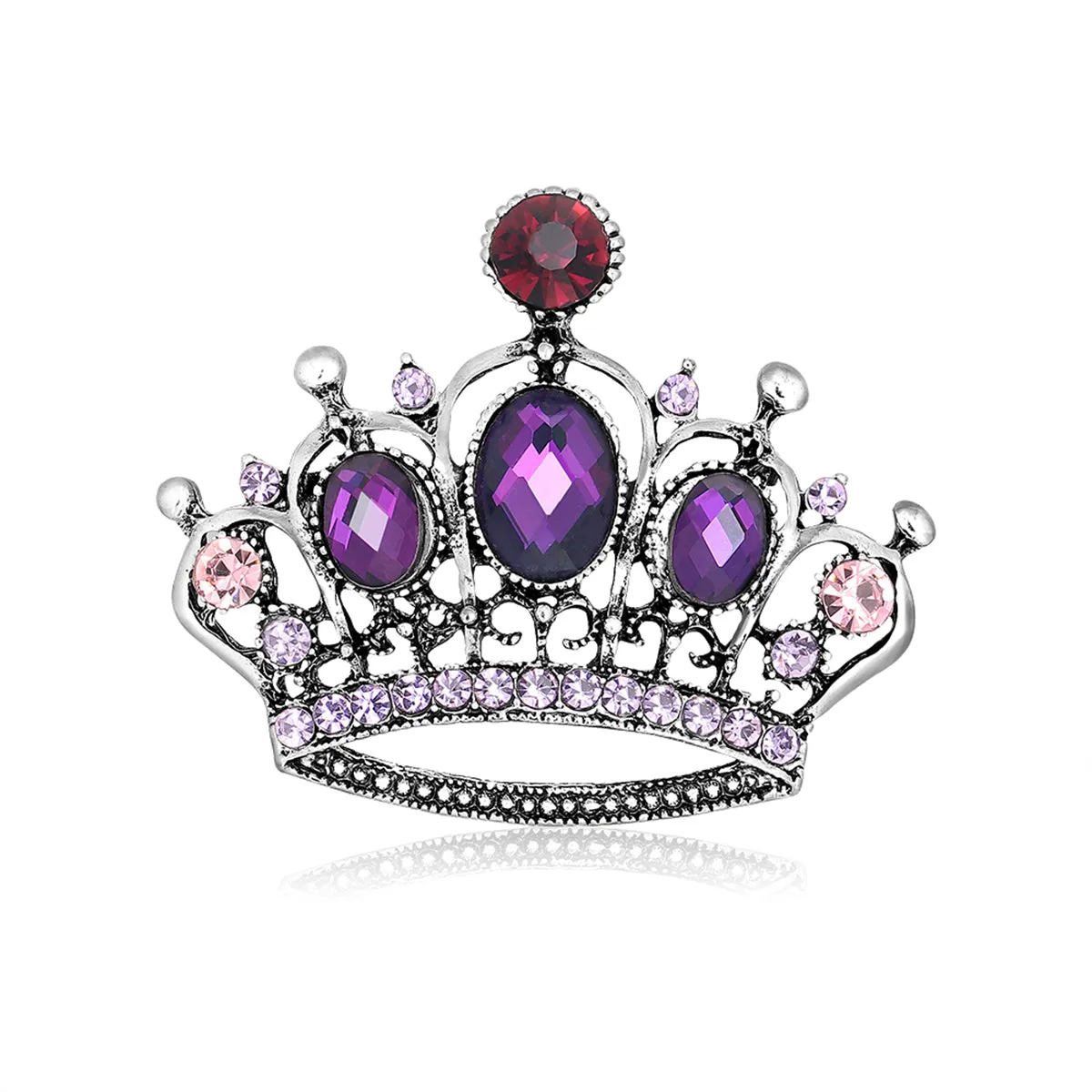 Purple Crystal & Cubic Zirconia Silver-Plated Crown Brooch