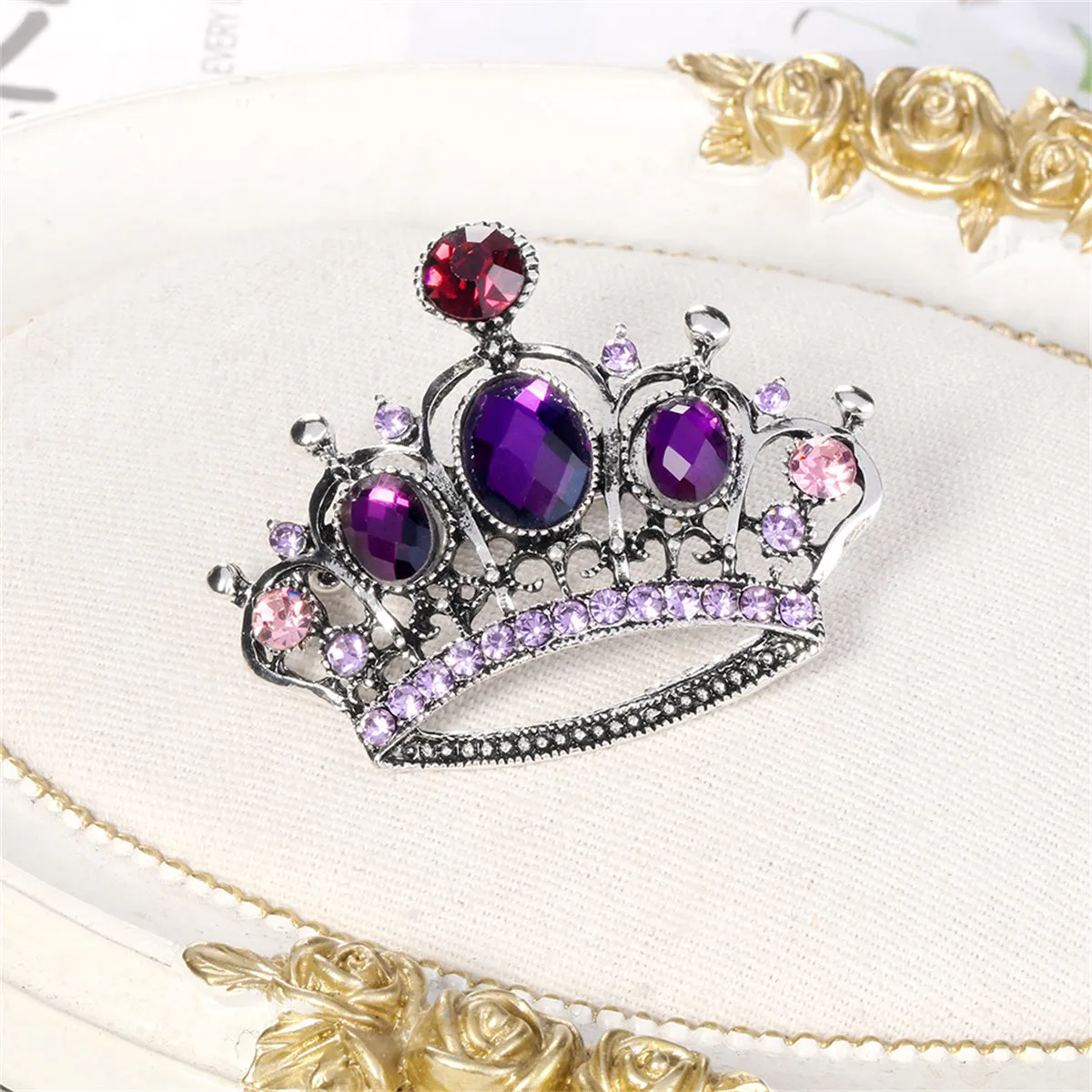 Purple Crystal & Cubic Zirconia Silver-Plated Crown Brooch