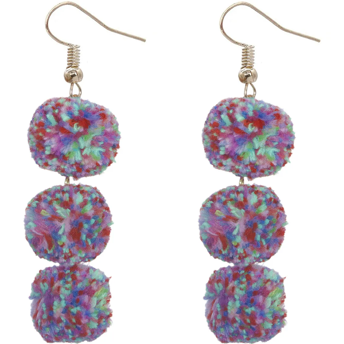 Purple Multicolor Triple Pom Pom Drop Earrings