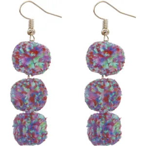 Purple Multicolor Triple Pom Pom Drop Earrings