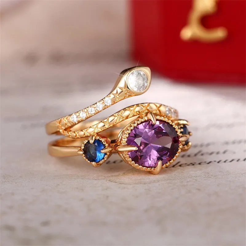 Purple Oval Snake Ring Set for Women Retro Wedding Party Jewelr