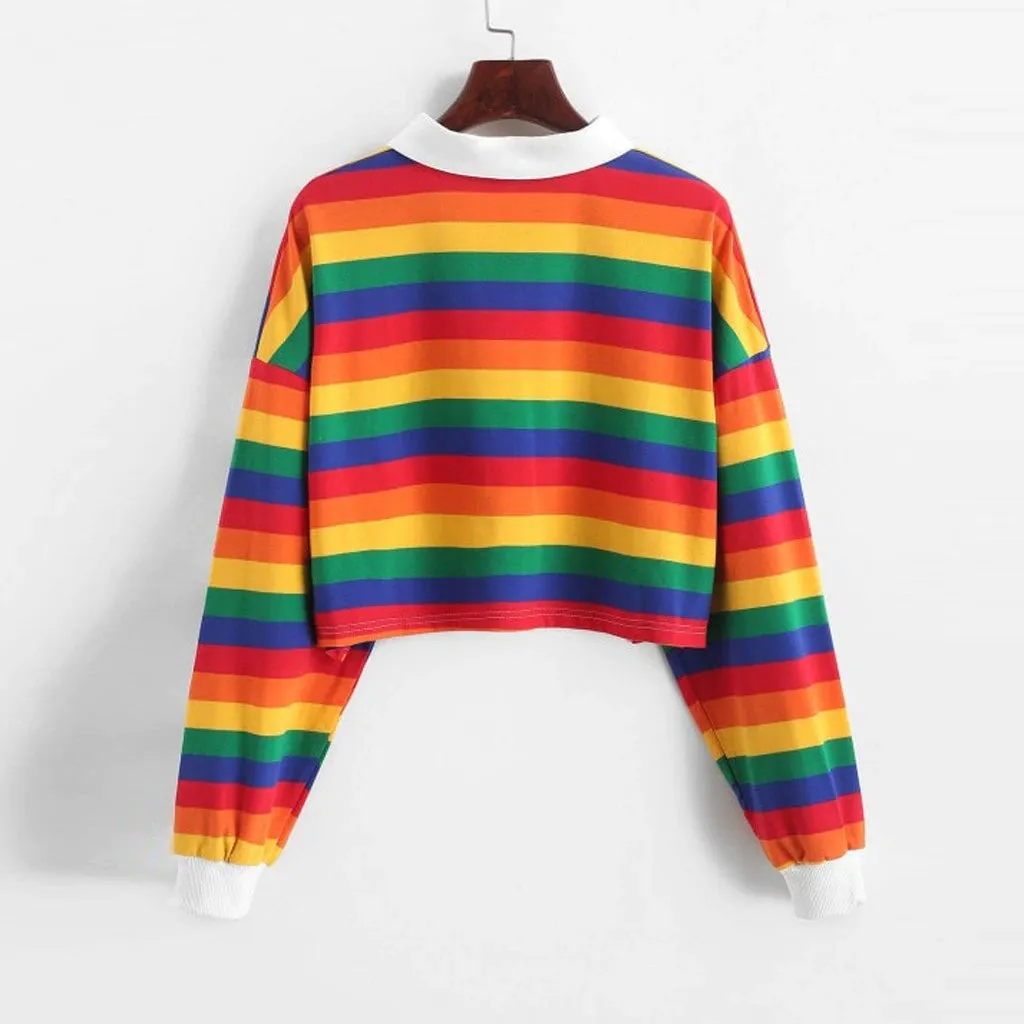 Rainbow Striped Long Sleeve Collar Cropped Shirt