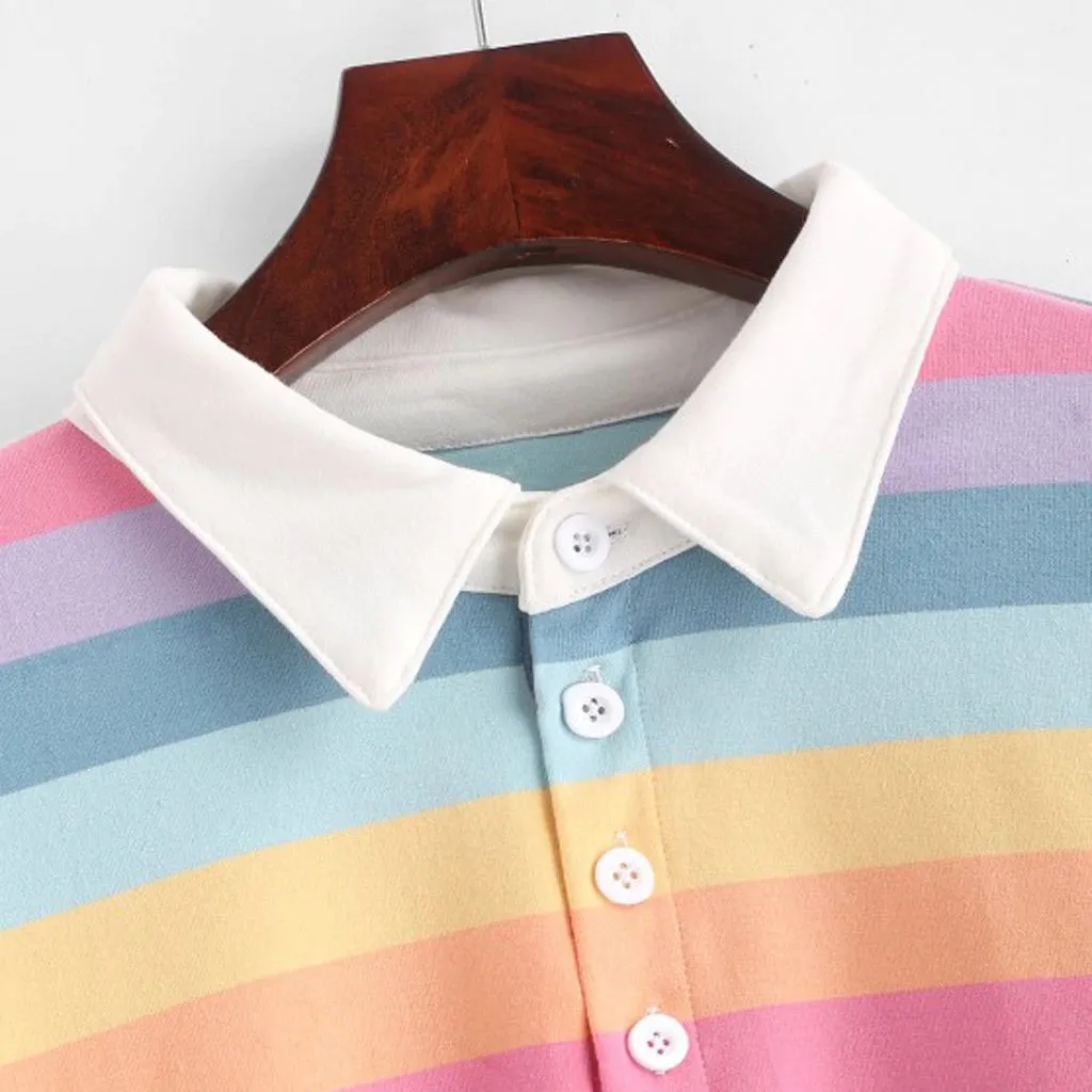 Rainbow Striped Long Sleeve Collar Cropped Shirt