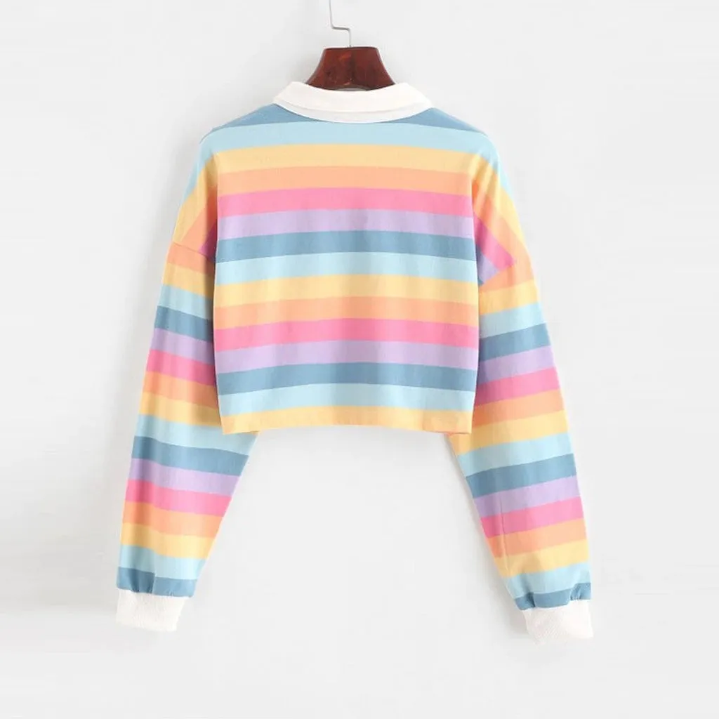 Rainbow Striped Long Sleeve Collar Cropped Shirt