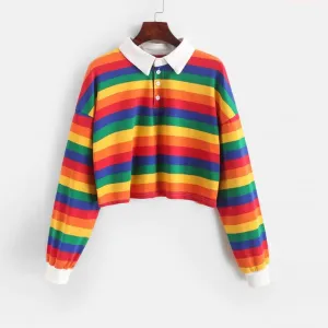 Rainbow Striped Long Sleeve Collar Cropped Shirt