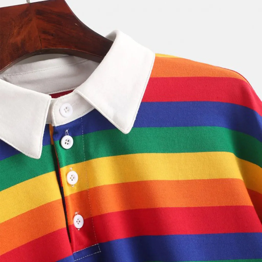 Rainbow Striped Long Sleeve Collar Cropped Shirt