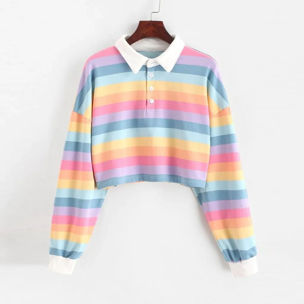 Rainbow Striped Long Sleeve Collar Cropped Shirt