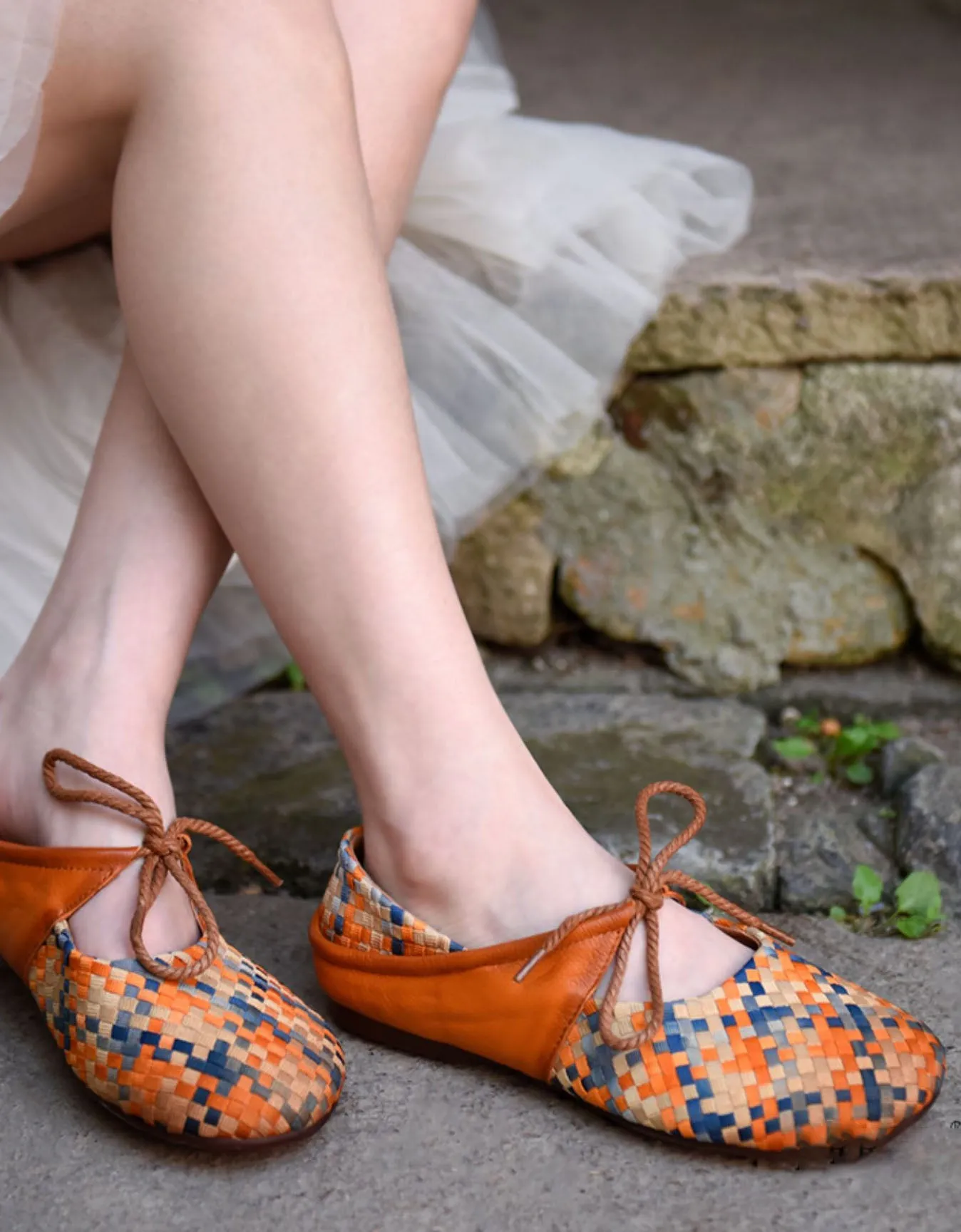 Real Leather Woven Lace-up Retro Flat Shoes