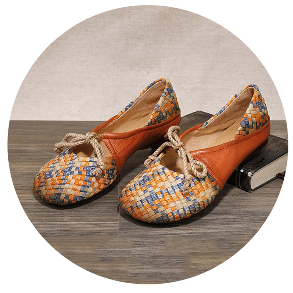 Real Leather Woven Lace-up Retro Flat Shoes