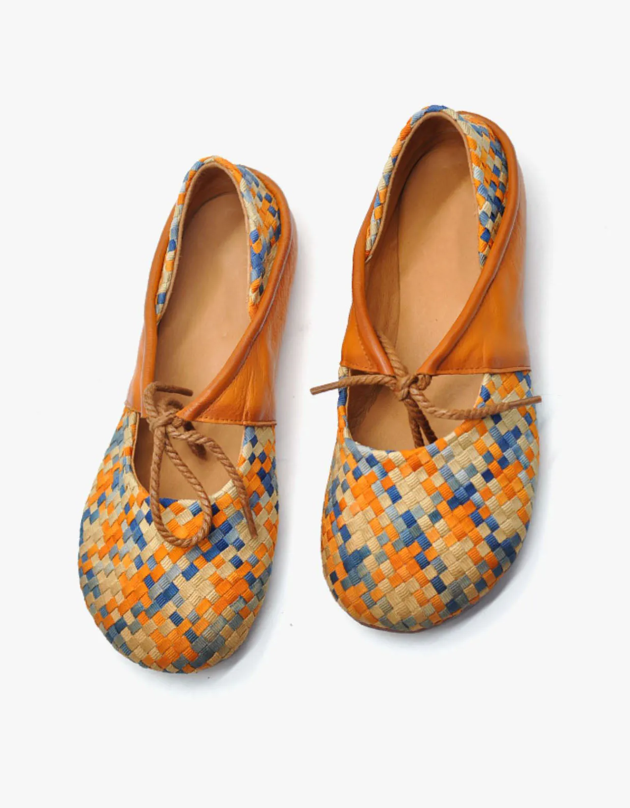 Real Leather Woven Lace-up Retro Flat Shoes