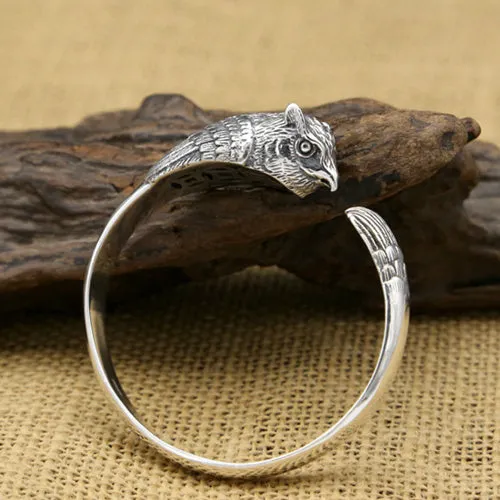 Real Solid 925 Sterling Silver Cuff Bracelet Bangle Animals Owl Punk Jewelry